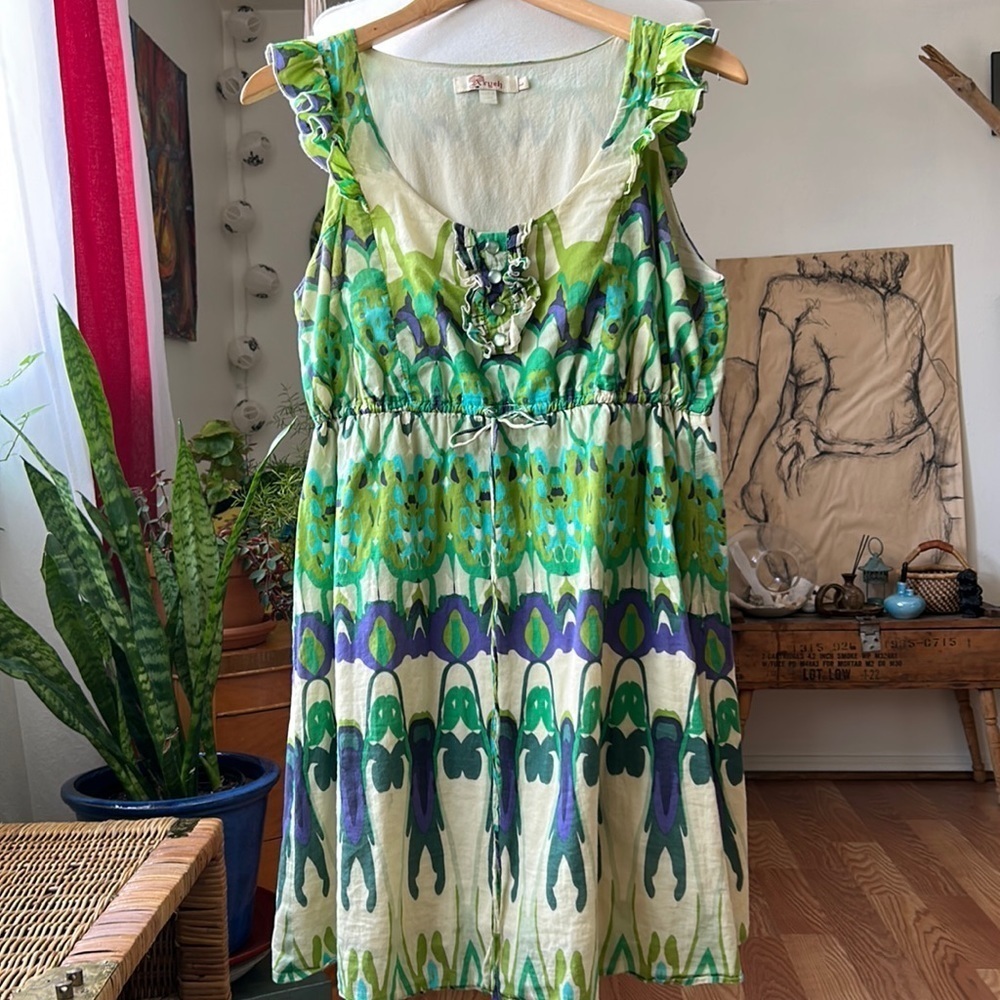Aryeh Floral Abstract Mini Dress 100% cotton ruffled sleeveless Women's Large